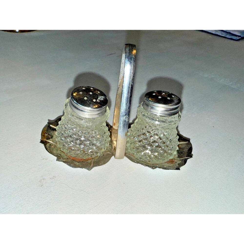Vintage diamond cut glass mini salt/pepper shakers with tray/shabby chic/cottage